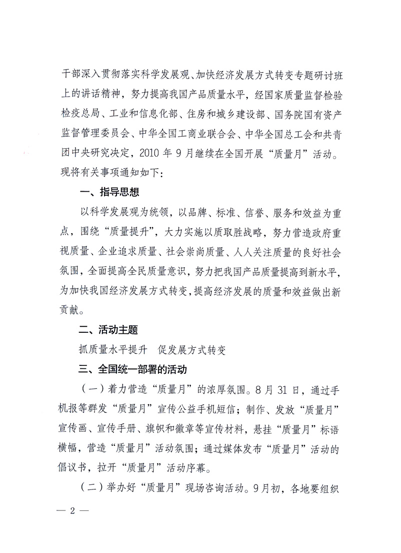 國家質(zhì)量監(jiān)督檢驗(yàn)檢疫總局、工業(yè)和信息化部、住房和城鄉(xiāng)建設(shè)部、國務(wù)院國有資產(chǎn)監(jiān)督管理委員會(huì)、中華全國工商業(yè)聯(lián)合會(huì)、中華全國總工會(huì)、共青團(tuán)中央《關(guān)于開展2010年全國“質(zhì)量月”活動(dòng)的通知》